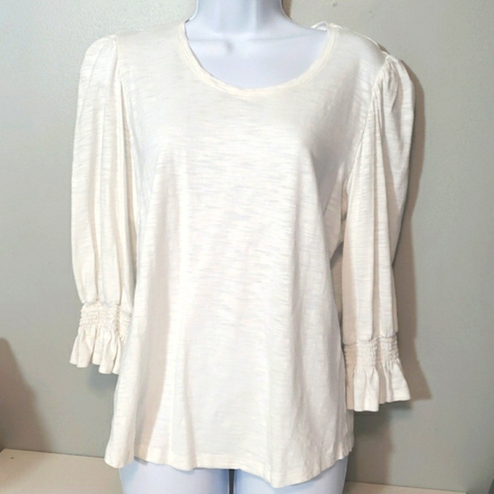 Chico's White Blouse with Bell Sleeves and Ruffled Accents